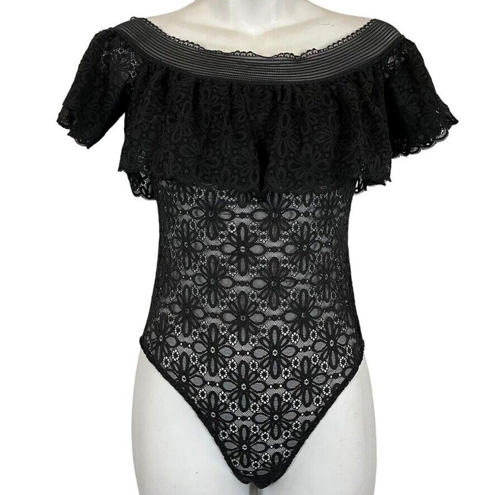 Victorias Secret Black Lace Off Shoulder Sheer Bodysuit Top Whimsigoth Fairy XS